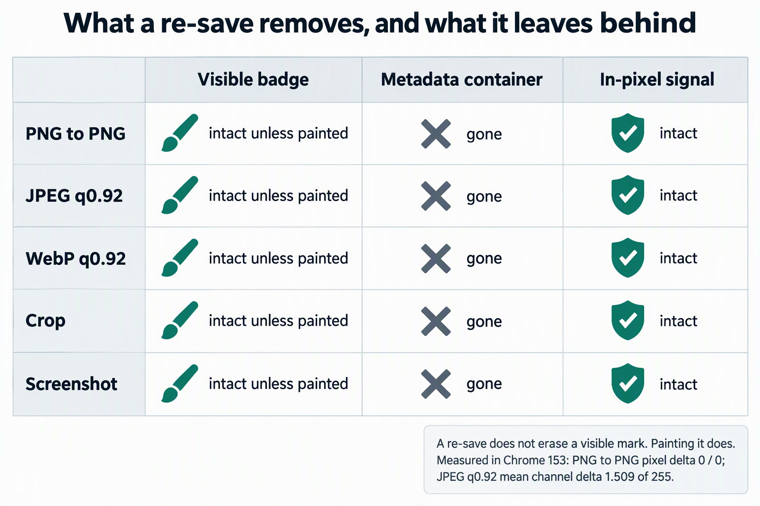 Matrix showing that a re-save keeps the visible badge (only painting removes it), drops the metadata container every time, and leaves the in-pixel signal intact.