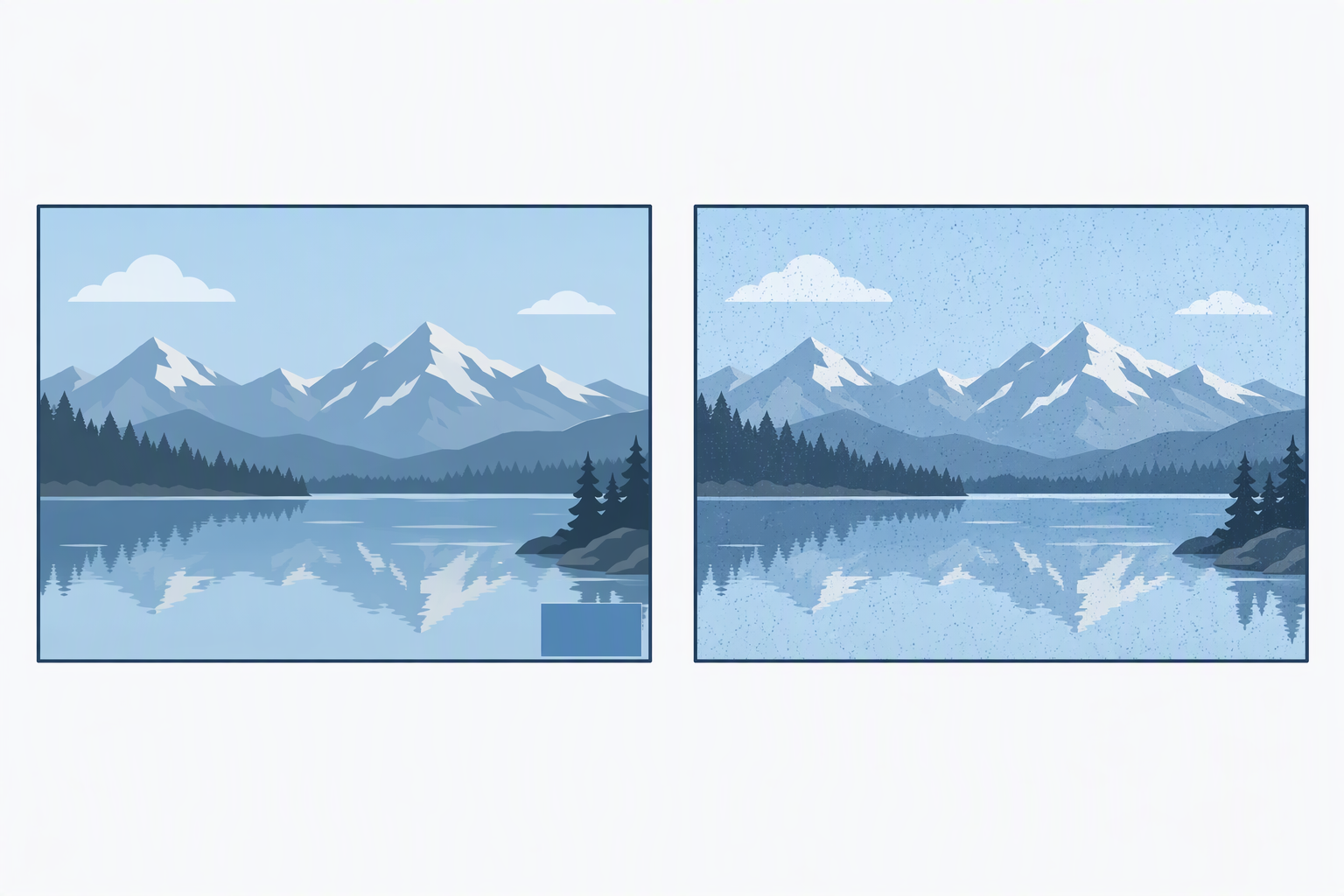 Two 1200 by 800 frames side by side. On the left, a lossless save leaves the difference confined to a small rectangle in the lower right. On the right, a JPEG save leaves faint differences scattered across the whole frame.