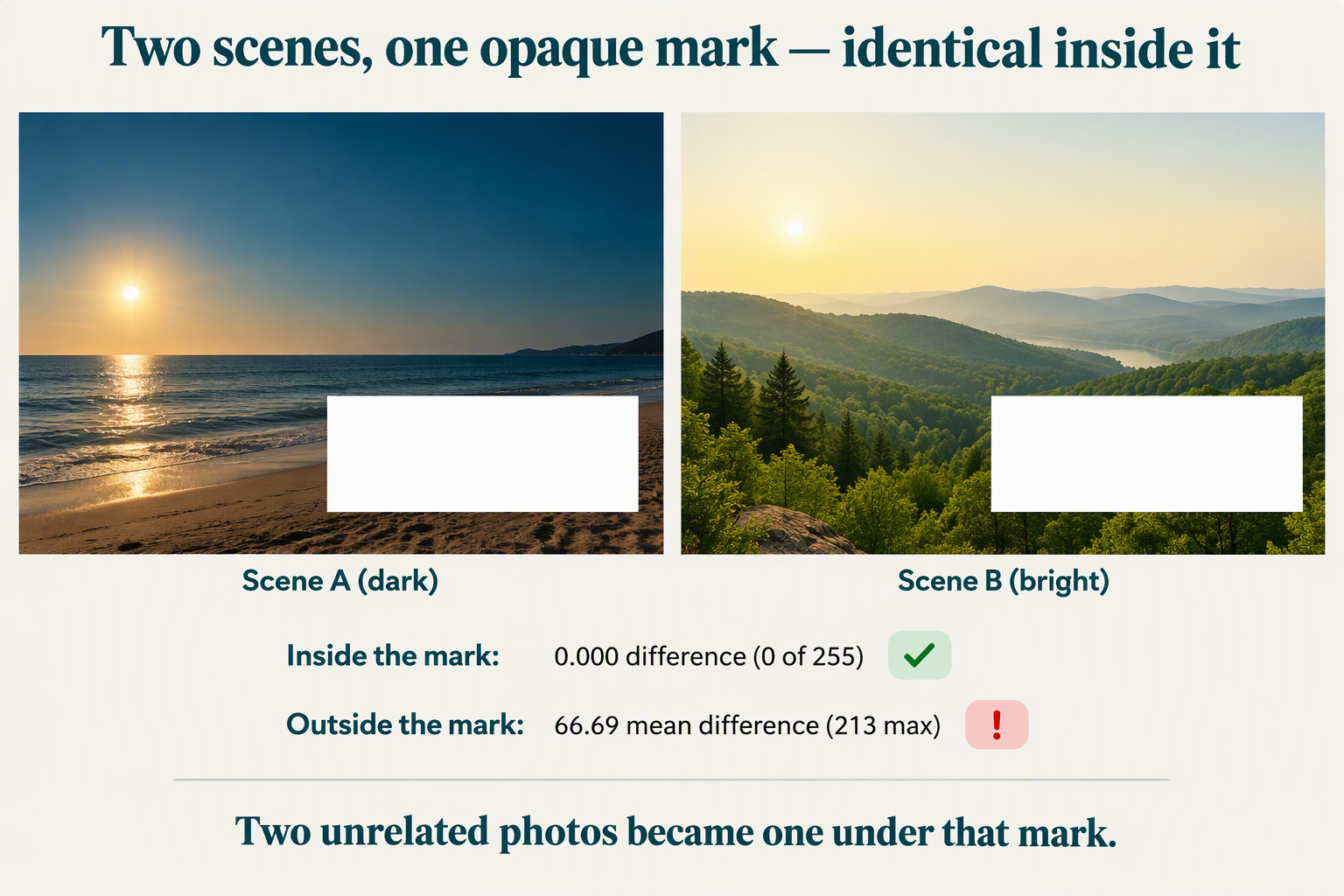 Two unrelated photographs with the same opaque white rectangle overlaid on the same coordinates. The rectangles are identical pixel-for-pixel; the rest of each photo is different.