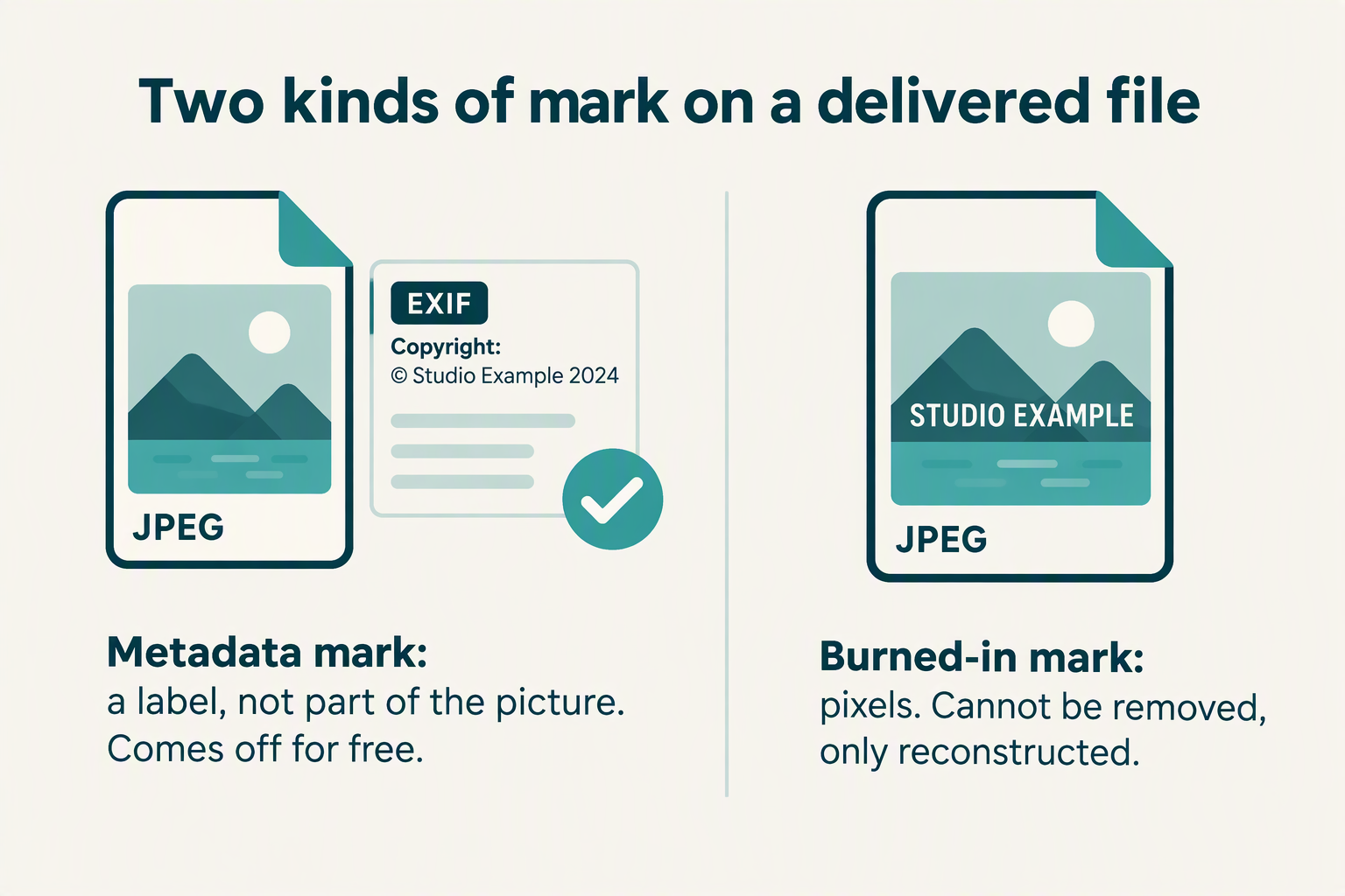 Two kinds of mark on a delivered file: metadata versus burned-in pixels, illustrated with side-by-side file icons.